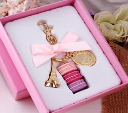 Keychains Effiel Tower Macarons Ribbon Woman Luxury Macarons Cake Keychain on Bag Charm Handbag Charms Car Keychain Gift Box19986108