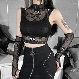 Women's Tanks Goth Techwear Fishnet Open Shoulder Halter T-shirts Mall Gothic Grunge Black Bandage Crop Tops Women Punk Sexy Alt Clothing