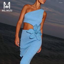 Casual Dresses MSMUSI 2024 Fashion Women Sexy One Shoulder Floral Beading Hollow Out Sleeveless Bodycon Party Club Slim Event Midi Dress