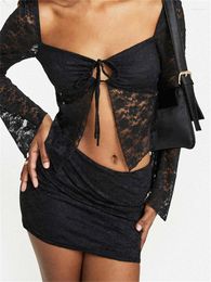 Work Dresses Women Skirt Sets Long Sleeve Tie-up Cardigan Blouse Top Mini Skirts Outfits Sheer Lace Club Sexy Two Piece