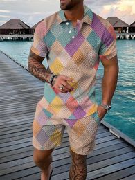 Men's Tracksuits Summer Men Suit 3D Print Colored Patches Button Polo Shirt Shorts Two Piece Set Fashion Casual Man Clothing Tracksuit Sets