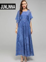 Party Dresses JUNLINNA Fashion Lace Dress Women Summer Batwing Sleeve Sqaure Collar Blue White Hollow Out Elegant Long Vestidos