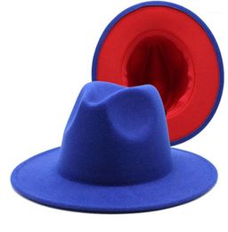 Fashion Royal blue red Patchwork Felt Hat Women Men Wide Brim Imitation Wool Jazz Fedora Hat Panama Trilby Cap Trend Gambler19361233