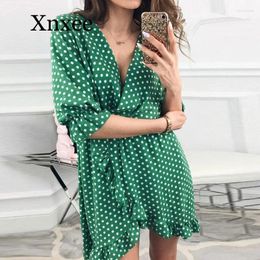 Party Dresses Green Retro Rural Women Dress Ruffles Print Polka Dot Sexy Bodycon Beach Female Half Sleeve Summer Mini Vestidos