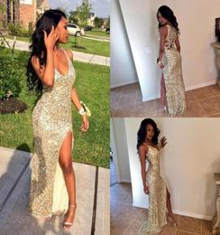 Sparkle Sequins Silver Gold Sexy Prom Dresses V Neck 2016 High Slit Mermaid Criss Cross Back Plus Size Cheap Graduate Gowns Evenin7623235