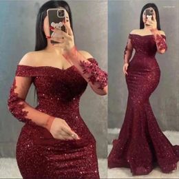 Party Dresses Sparkly Sequin Green Mermaid Evening Off Shoulder Long Sleeves Applique Arabic Women Formal Plus Size Prom Gowns P2421