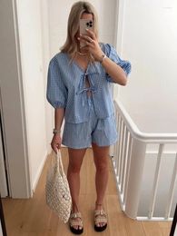 Women's Tracksuits Foridol Plaid Print Women Matching Set Summer Casual V Neck Bowknot Shorts 2 Pcs Outfits Blue Chic Spring Blouse