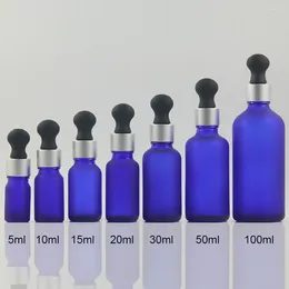 Storage Bottles 100pcs A Lot 20ml Body Oil Bottle Frosted Blue Dropper With Aluminum Ring And Black Rubber