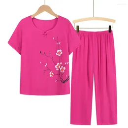 Women's Two Piece Pants Women Pyjama Set Lady Casual Outfit Elegant Mid-aged With Flower Print Short Sleeve Top Wide Leg For Mother