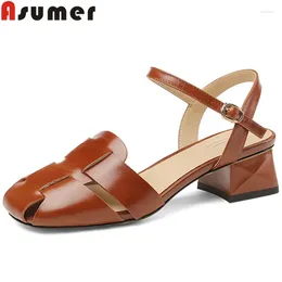 Dress Shoes ASUMER 2024 Comfortable Genuine Leather Women Sandals Square Med Heels Buckle Solid Ladies Summer