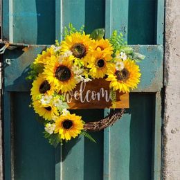 Decorative Flowers Sunflowers Wreath With Welcome For Front Door Artificial Spring Farmhouse Outdoor Garden Wedding Decorations C9GA