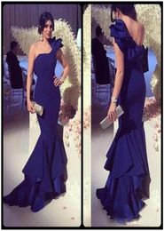 Navy Blue Satin Mermaid Long Evening Dresses New Arrived Simple Ruched One Shoulder Party Dress Robe de Soire Customize Prom Gown1071127