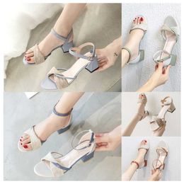 Top Luxury Thick heeled sandals for women Minimalist blue white green versatile in summer gentle in the middle heel Roman buckle strap high heels