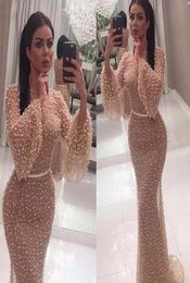 Cheap Saudi Arabic Evening Dress Beaded Poet Long Sleeves Holiday Women Wear Formal Party Prom Gown Custom Made Plus Size7144530