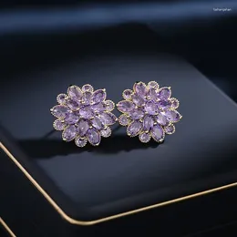 Stud Earrings WOMEN FLOWER CZ EARRING LADIES PINK CUBIC ZIRCONIA EAR STUDS GREEN PURPLE COLORED JEWELRY