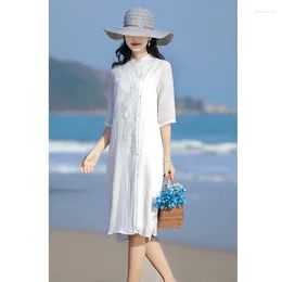 Party Dresses Literary Women's Clothes Ramie Embroidered Dress Elegant Summer Light 2024 Beach