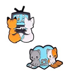 Pins Brooches Cartoon Cute Two Foxes And Cats Who Are Playing Games Reading Books Brooch Style Lapel Pin Jewelry27013112788159