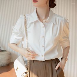 Women's Blouses QOERLIN Summer Puff Sleeve White Shirts Women Formal Professional Short Tops Blouse OL Workwear Elegant Blue