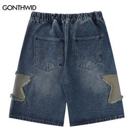 Men Jeans Shorts Y2K Harajuku Retro Embroidery Star Patch Baggy Denim Streetwear Summer Fashion Casual Short Pants Blue 240426