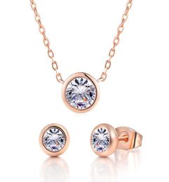240S Rose Gold Plated Bezel Setting Zircon Pendant Necklace and Stud Earring Jewellery set For Women Russian Gold High Quality4048093