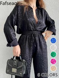 Women's Two Piece Pants Satin Wide Leg Trousers Suit For Women 2024 Spring Office Leopard Print Two-piece Set Tracksuit Pyjamas Sets