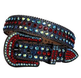 Western Cowboy Bling Bling Sapphire AB & Siam Crystal Rhinestones Belt Studded Shiny 3D Leather Belt Removable Buckle for Men1331793