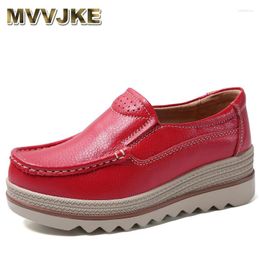 Dress Shoes Women Red Flats Platform Elegant Genuine Leather Autumn Slip On Casual Flat Slope