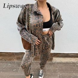 Fashion Sexy Leopard Print Loose Blouse Outifts Long Sleeve Shirt Top And High Waist Pants Suit Women Casual Sport Twopiece Set 240419