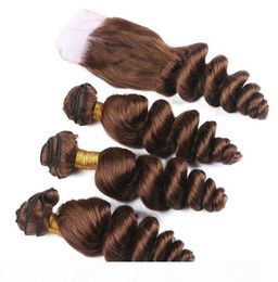 Top Quality Malaysian Virgin Medium Brown Human Hair Loose Wave 3 Bundles With 4x4 Chocolate Brown Lace Front Closure Pure 4 Colo3063798