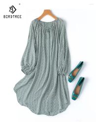 Casual Dresses BirdTree 70%Real Silk 30% Cotton Dress Women Lantern Sleeve Printed OL Commute Age Reduction 2024 Summer D42954QC