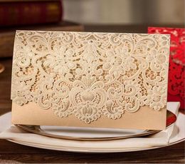 100pcs Gold Horizontal Laser Cut Wedding Invitations Cards Kits with Hollow Flora Favors Pearl Paper Cardstock for Customizable9015446