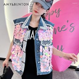 Women's Vests Trendy Waistcoat Short Denim Jacket Sequined Heavy Work Ins Top Spring Autumn Vest Single-breasted Jeans Coat