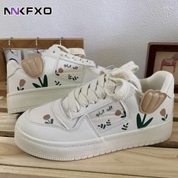 Casual Shoes 2024 Flat Women Sneakers Autumn Females Outdoor Lace-Up Woman Fashion Tulip Pattern Small White QB047