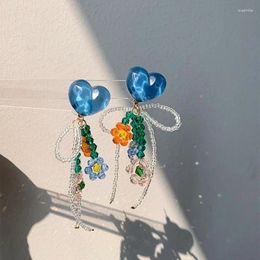 Dangle Earrings Youth Cute Love Heart Bow Beading Flower Drop Elegant Handmade Jewelry Romantic Tassel Red Blue