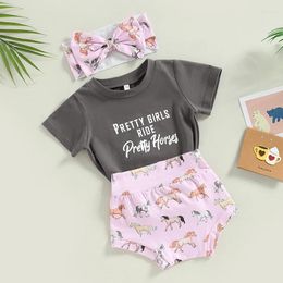 Clothing Sets Baby Girl Summer Clothes Suits Letter Print Short Sleeve Crew Neck T-Shirts Horse Elastic Waist Shorts Headband 3Pcs Set