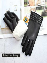 Winter Thickened Warmth Touch Screen Sheepskin Gloves Female Leather White Rabbit Fur Lining Outdoor Windproof Increase Finger 2205583603