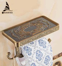 Bathroom Shelves Antique Carving Toilet Roll Paper Rack with Phone Shelf Wall Mounted Bathroom Paper Holder Hook Useful WF1018 Y201314441