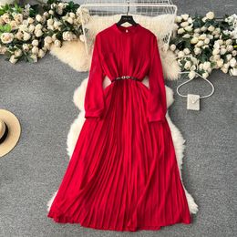 Casual Dresses Vintage Elegant Solid Pleated Dress Chic A-line Fashion Chiffon Spring Autumn Long Sleeve Vestidos Women Belt