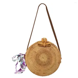 Shoulder Bags Fashion Women Silk Scarf Rattan Woven Round Crossbody Bag Casual Ladies Beach Vacation Small Bowknot Handbag Purse