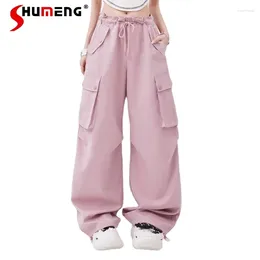 Women's Pants Japanese Style Pink Overalls Summer Ins Retro Multi-Pocket Drawstring Design Sweet Cool Loose Straight-Leg Trousers
