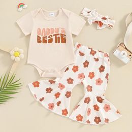 Clothing Sets Baby Girl Summer Outfit Short Sleeve Letter Print Romper Elastic Waist Flare Pants Headband Infant Toddler 3 Piece Set