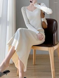 Party Dresses Slim Knitted Dress Women French Style Elegant V Neck Bodycon Long Female Autumn Sleeve High Waist Wrapped