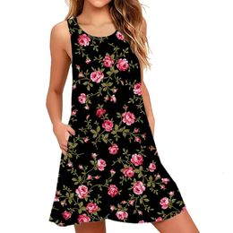 Womens Crew Neck Beach Sundress Pocket Loose Mini Dresses Rose Printed Boho Vestidos Sundresses Swing A Line Sleeveless Dress 240420