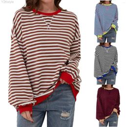 Women's T Shirts Oversized Striped Color Blocking Long Sleeved Round Neck Sports Shirt Casual Loose Fitting Pullover Top