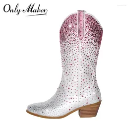 Boots Onlymaker Women Sparkly Rhinestones Knee High Fashoion Chunky Heels Handmade Booties