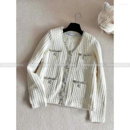 Women's Jackets Temperament Celebrity Style Metal Sequins Embellished Waffle Knit 2024 Spring Long-sleeved Cardigan