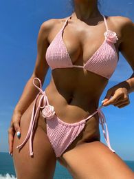 Women's Swimwear 3D Flower Swimsuit For Women 2-piece Triangle Bikini 2024 Pink Solid Colour Suspender Backless Summer Beach Bathing Suit