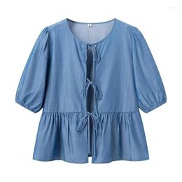 Women's Blouses YENKYE Blue Lace Up Shirt Women Round Neck Puff Sleeve Female Casual Tops 2024 Spring Summer Lady Blouse High Stree Blusas