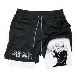 Itadori Yuji 2 in 1 Compression Shorts for Men Anime Jujutsu Kaisen Performance Basketball Sports Gym with Pockets 240420