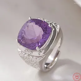 Cluster Rings S925 Sterling Silver Charms For Women Men Fashion Relief Eternal Rattan Inlaid Natural Amethyst Jewelry